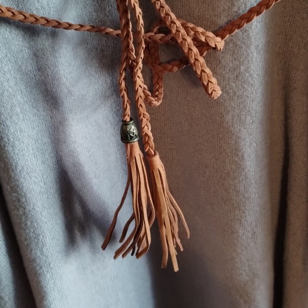 Flamingo Urban NEW Braided Fringe Belt Tan Cowl Neck Oversize Knit Poncho/Top L - Picture 3 of 11